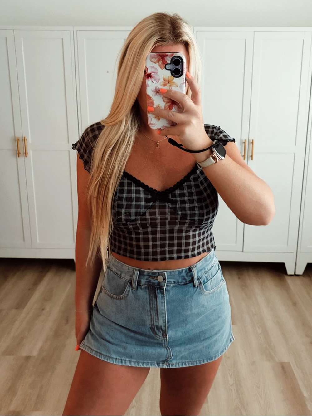 Plaid gingham black and white Lace-Trim Crop Top